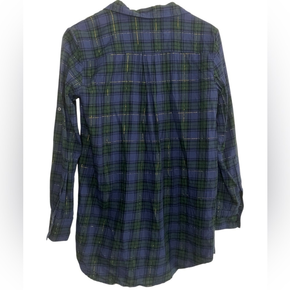 J.Crew Plaid Tunic Top S Holiday Flannel Button Up Blue Green Cozy Pocket - Picture 7 of 7